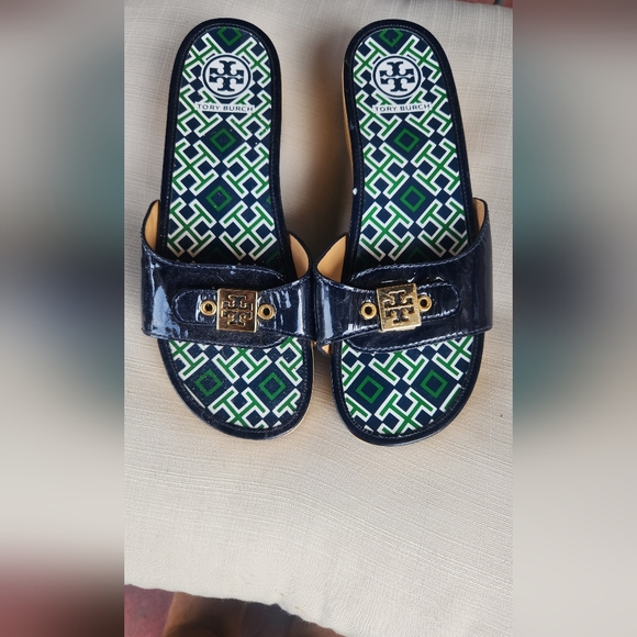 TORY BURCH navy blue DIXON WOODEN SLIDES CLOGS SANDALS size 10 - Picture 6 of 6
